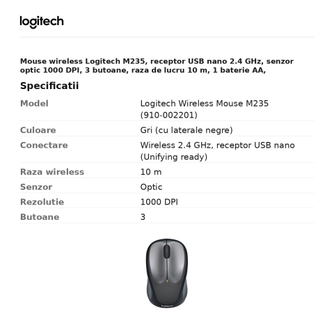 Mouse wireless Logitech M235, receptor USB nano 2.4 GHz, senzor optic 1000 DPI, 3 butoane, raza de lucru 10 m, 1 baterie AA, ambidextru, gri, 910-002201 [2]