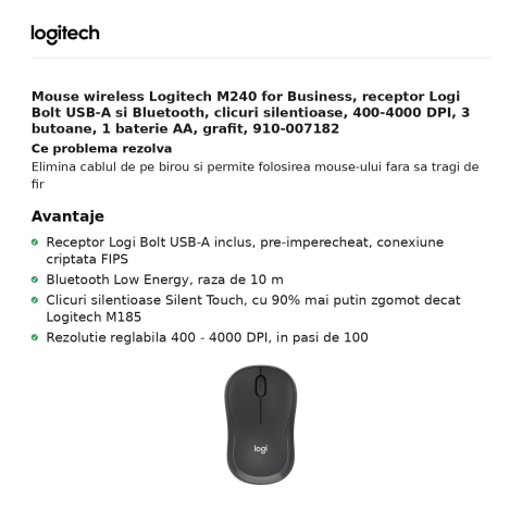 Mouse wireless Logitech M240 for Business, receptor Logi Bolt USB-A si Bluetooth, clicuri silentioase, 400-4000 DPI, 3 butoane, 1 baterie AA, grafit, 910-007182 [1]