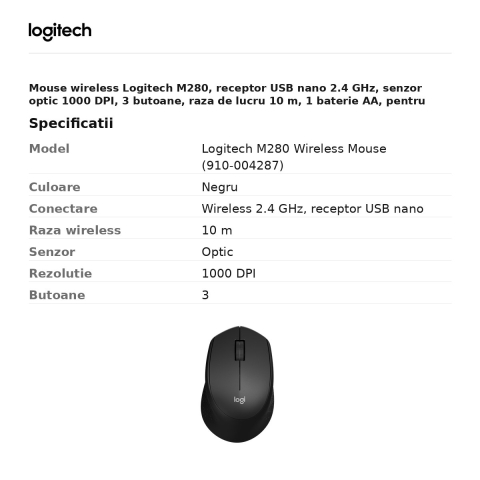 Mouse wireless Logitech M280, receptor USB nano 2.4 GHz, senzor optic 1000 DPI, 3 butoane, raza de lucru 10 m, 1 baterie AA, pentru mana dreapta, negru, 910-004287 [2]