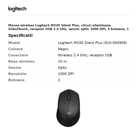 Mouse wireless Logitech M330 Silent Plus, clicuri silentioase SilentTouch, receptor USB 2.4 GHz, senzor optic 1000 DPI, 3 butoane, 1 baterie AA, pentru mana dreapta, negru, 910-004909 [2]