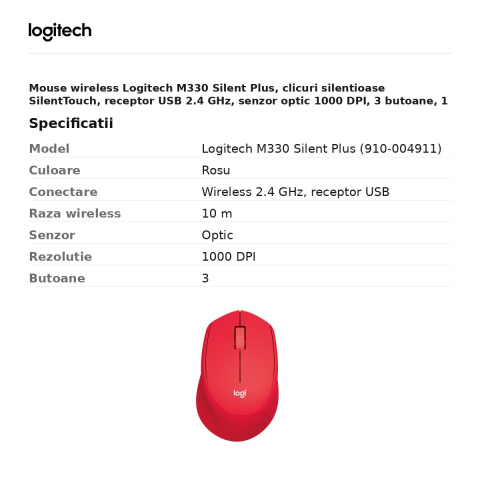 Mouse wireless Logitech M330 Silent Plus, clicuri silentioase SilentTouch, receptor USB 2.4 GHz, senzor optic 1000 DPI, 3 butoane, 1 baterie AA, pentru mana dreapta, rosu, 910-004911 [2]
