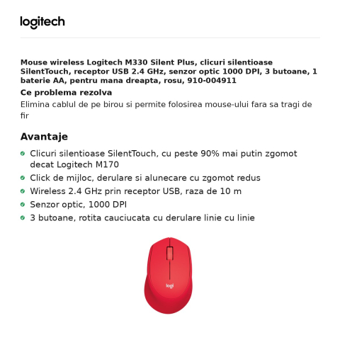 Mouse wireless Logitech M330 Silent Plus, clicuri silentioase SilentTouch, receptor USB 2.4 GHz, senzor optic 1000 DPI, 3 butoane, 1 baterie AA, pentru mana dreapta, rosu, 910-004911 [1]