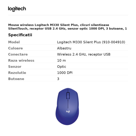Mouse wireless Logitech M330 Silent Plus, clicuri silentioase SilentTouch, receptor USB 2.4 GHz, senzor optic 1000 DPI, 3 butoane, 1 baterie AA, pentru mana dreapta, albastru, 910-004910 [2]