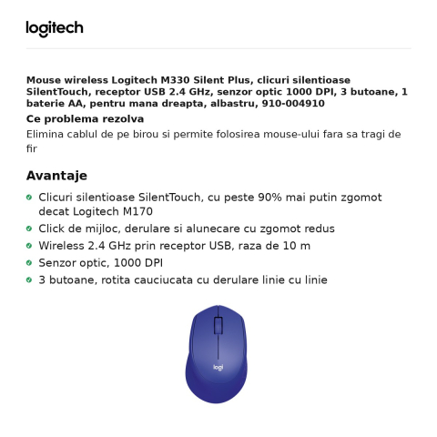 Mouse wireless Logitech M330 Silent Plus, clicuri silentioase SilentTouch, receptor USB 2.4 GHz, senzor optic 1000 DPI, 3 butoane, 1 baterie AA, pentru mana dreapta, albastru, 910-004910 [1]