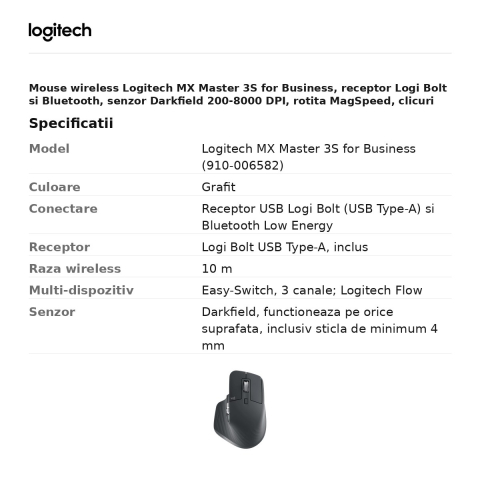 Mouse wireless Logitech MX Master 3S for Business, receptor Logi Bolt si Bluetooth, senzor Darkfield 200-8000 DPI, rotita MagSpeed, clicuri silentioase, 7 butoane, grafit, 910-006582 [2]