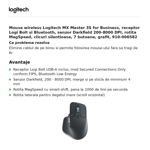 Mouse wireless Logitech MX Master 3S for Business, receptor Logi Bolt si Bluetooth, senzor Darkfield 200-8000 DPI, rotita MagSpeed, clicuri silentioase, 7 butoane, grafit, 910-006582 [1]