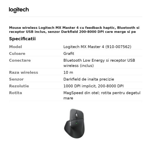Mouse wireless Logitech MX Master 4 cu feedback haptic, Bluetooth si receptor USB inclus, senzor Darkfield 200-8000 DPI, 8 butoane, rotita MagSpeed, Actions Ring, gri grafit, 910-007562 [2]