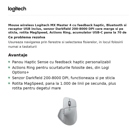 Mouse wireless Logitech MX Master 4 cu feedback haptic, Bluetooth si receptor USB inclus, senzor Darkfield 200-8000 DPI, 8 butoane, rotita MagSpeed, Actions Ring, gri deschis, 910-007563 [1]