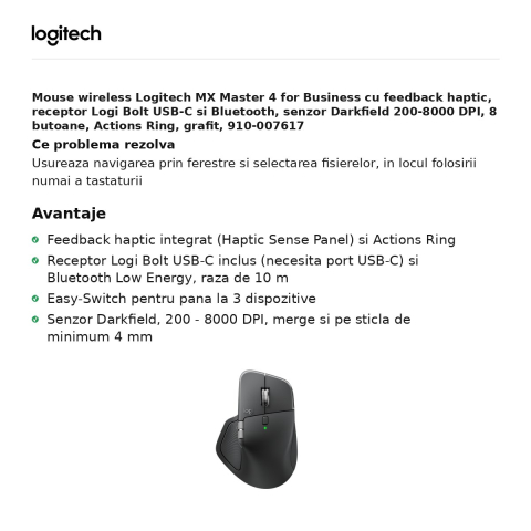 Mouse wireless Logitech MX Master 4 for Business cu feedback haptic, receptor Logi Bolt USB-C si Bluetooth, senzor Darkfield 200-8000 DPI, 8 butoane, Actions Ring, grafit, 910-007617 [1]
