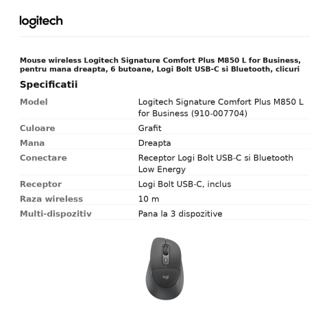 Mouse wireless Logitech Signature Comfort Plus M850 L for Business, pentru mana dreapta, 6 butoane, Logi Bolt USB-C si Bluetooth, clicuri silentioase, 3 dispozitive, grafit, 910-007704 [2]