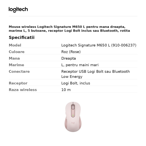 Mouse wireless Logitech Signature M650 L pentru mana dreapta, marime L, 5 butoane, receptor Logi Bolt inclus sau Bluetooth, rotita SmartWheel, clicuri silentioase, roz, 910-006237 [2]