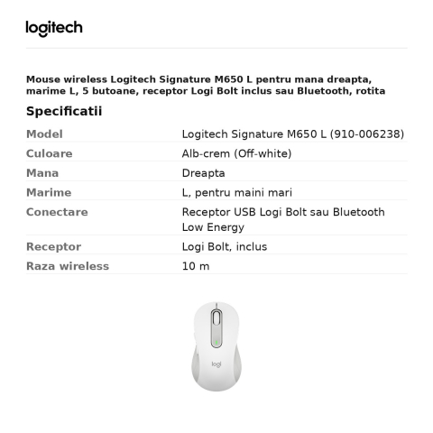 Mouse wireless Logitech Signature M650 L pentru mana dreapta, marime L, 5 butoane, receptor Logi Bolt inclus sau Bluetooth, rotita SmartWheel, clicuri silentioase, alb-crem, 910-006238 [2]