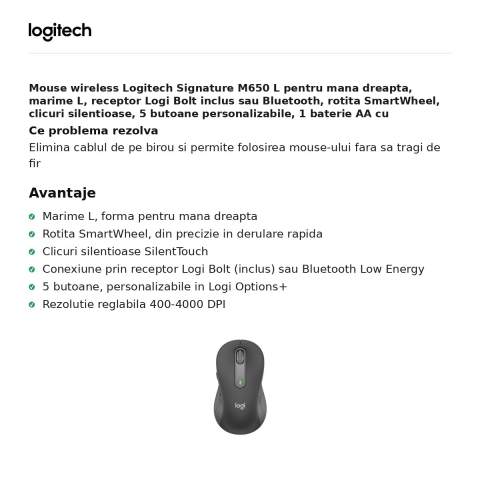 Mouse wireless Logitech Signature M650 L pentru mana dreapta, receptor Logi Bolt inclus sau Bluetooth, 5 butoane, clicuri silentioase, 1 baterie AA, gri grafit, 910-006236 [1]