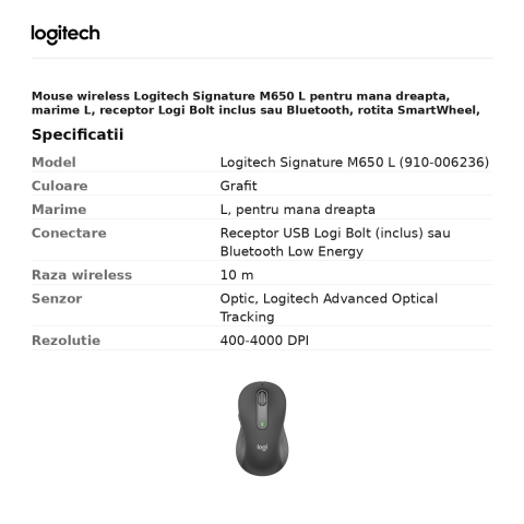 Mouse wireless Logitech Signature M650 L pentru mana dreapta, receptor Logi Bolt inclus sau Bluetooth, 5 butoane, clicuri silentioase, 1 baterie AA, gri grafit, 910-006236 [2]