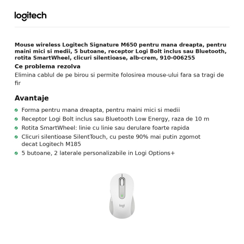 Mouse wireless Logitech Signature M650 pentru mana dreapta, pentru maini mici si medii, 5 butoane, receptor Logi Bolt inclus sau Bluetooth, rotita SmartWheel, clicuri silentioase, alb-crem, 910-006255 [1]