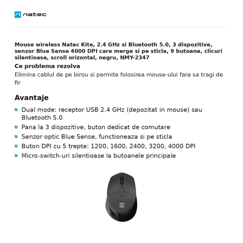 Mouse wireless Natec Kite, 2.4 GHz si Bluetooth 5.0, 3 dispozitive, senzor Blue Sense 4000 DPI care merge si pe sticla, 9 butoane, clicuri silentioase, scroll orizontal, negru, NMY-2347 [1]