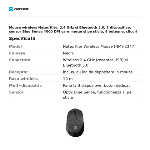 Mouse wireless Natec Kite, 2.4 GHz si Bluetooth 5.0, 3 dispozitive, senzor Blue Sense 4000 DPI care merge si pe sticla, 9 butoane, clicuri silentioase, scroll orizontal, negru, NMY-2347 [2]