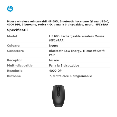 Mouse wireless reincarcabil HP 695, Bluetooth, incarcare Qi sau USB-C, 4000 DPI, 7 butoane, rotita 4-D, pana la 3 dispozitive, negru, 8F1Y4AA [2]