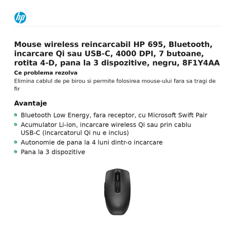 Mouse wireless reincarcabil HP 695, Bluetooth, incarcare Qi sau USB-C, 4000 DPI, 7 butoane, rotita 4-D, pana la 3 dispozitive, negru, 8F1Y4AA [1]