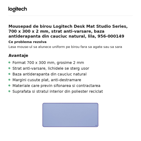 Mousepad de birou Logitech Desk Mat Studio Series, 700 x 300 x 2 mm, strat anti-varsare, baza antiderapanta din cauciuc natural, lila, 956-000149 [1]
