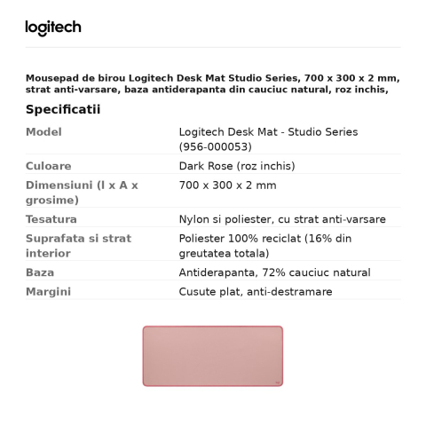 Mousepad de birou Logitech Desk Mat Studio Series, 700 x 300 x 2 mm, strat anti-varsare, baza antiderapanta din cauciuc natural, roz inchis, 956-000053 [2]