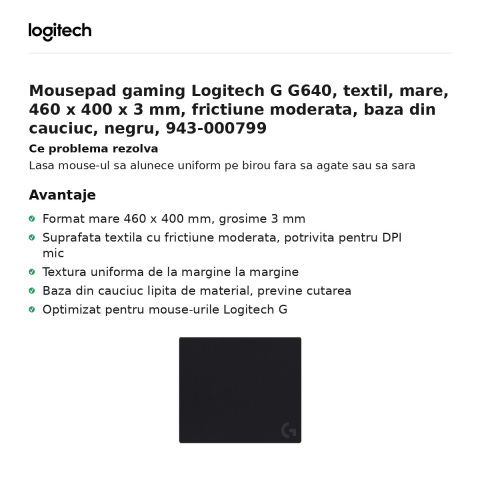 Mousepad gaming Logitech G G640, textil, mare, 460 x 400 x 3 mm, frictiune moderata, baza din cauciuc, negru, 943-000799 [1]