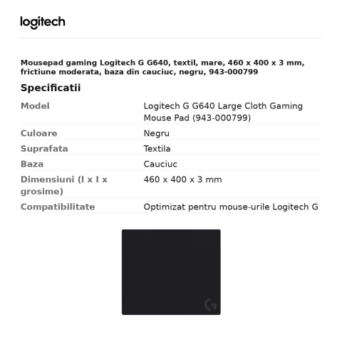 Mousepad gaming Logitech G G640, textil, mare, 460 x 400 x 3 mm, frictiune moderata, baza din cauciuc, negru, 943-000799 [2]