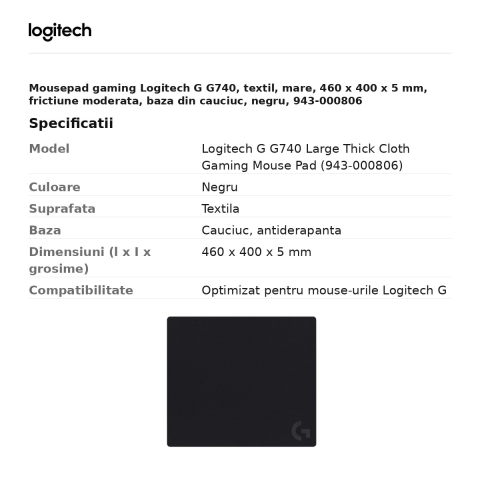 Mousepad gaming Logitech G G740, textil, mare, 460 x 400 x 5 mm, frictiune moderata, baza din cauciuc, negru, 943-000806 [2]