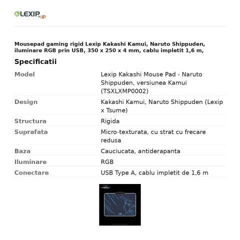 Mousepad gaming rigid Lexip Kakashi Kamui, Naruto Shippuden, iluminare RGB prin USB, 350 x 250 x 4 mm, cablu impletit 1,6 m, TSXLXMP0002 [2]