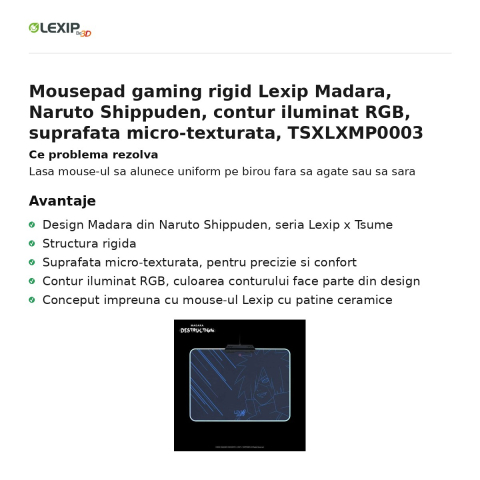 Mousepad gaming rigid Lexip Madara, Naruto Shippuden, contur iluminat RGB, suprafata micro-texturata, TSXLXMP0003 [1]