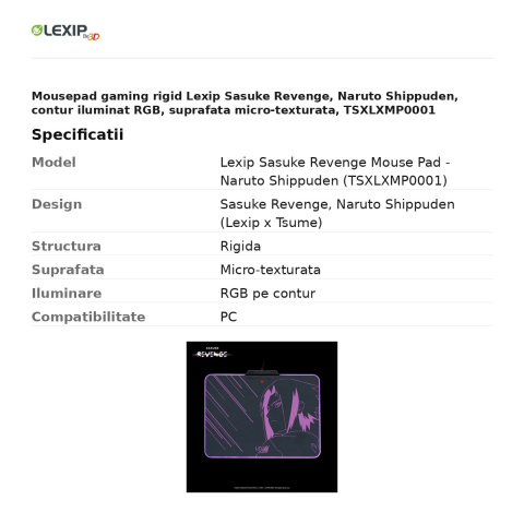 Mousepad gaming rigid Lexip Sasuke Revenge, Naruto Shippuden, contur iluminat RGB, suprafata micro-texturata, TSXLXMP0001 [2]