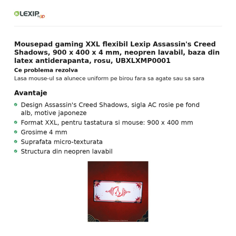 Mousepad gaming XXL flexibil Lexip Assassin's Creed Shadows, 900 x 400 x 4 mm, neopren lavabil, baza din latex antiderapanta, rosu, UBXLXMP0001 [1]