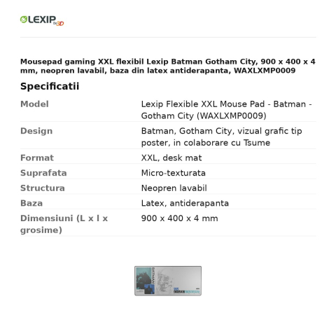 Mousepad gaming XXL flexibil Lexip Batman Gotham City, 900 x 400 x 4 mm, neopren lavabil, baza din latex antiderapanta, WAXLXMP0009 [2]