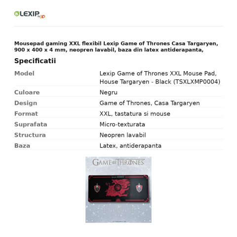 Mousepad gaming XXL flexibil Lexip Game of Thrones Casa Targaryen, 900 x 400 x 4 mm, neopren lavabil, baza din latex antiderapanta, negru, TSXLXMP0004 [2]