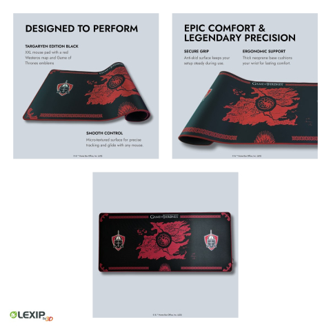 Mousepad gaming XXL flexibil Lexip Game of Thrones Casa Targaryen, 900 x 400 x 4 mm, neopren lavabil, baza din latex antiderapanta, negru, TSXLXMP0004 [3]