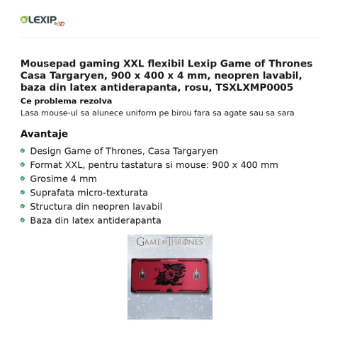 Mousepad gaming XXL flexibil Lexip Game of Thrones Casa Targaryen, 900 x 400 x 4 mm, neopren lavabil, baza din latex antiderapanta, rosu, TSXLXMP0005 [1]