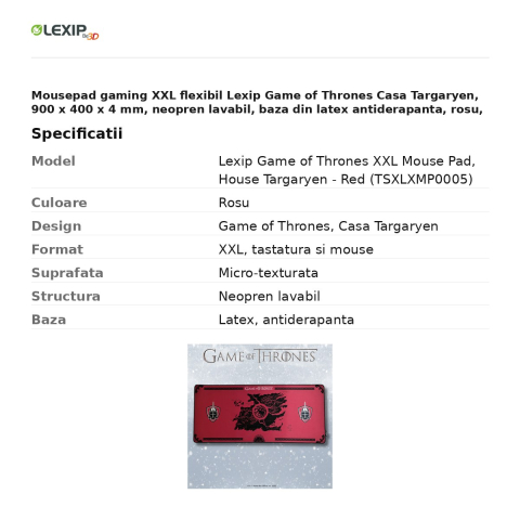Mousepad gaming XXL flexibil Lexip Game of Thrones Casa Targaryen, 900 x 400 x 4 mm, neopren lavabil, baza din latex antiderapanta, rosu, TSXLXMP0005 [2]