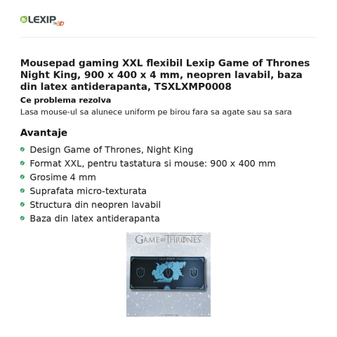 Mousepad gaming XXL flexibil Lexip Game of Thrones Night King, 900 x 400 x 4 mm, neopren lavabil, baza din latex antiderapanta, TSXLXMP0008 [1]