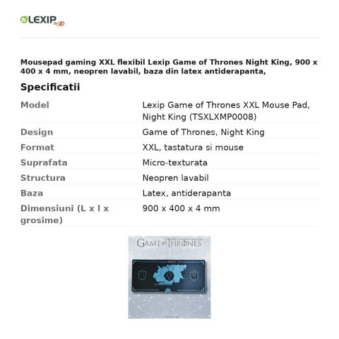Mousepad gaming XXL flexibil Lexip Game of Thrones Night King, 900 x 400 x 4 mm, neopren lavabil, baza din latex antiderapanta, TSXLXMP0008 [2]