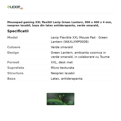 Mousepad gaming XXL flexibil Lexip Green Lantern, 900 x 400 x 4 mm, neopren lavabil, baza din latex antiderapanta, verde smarald, WAXLXMP0008 [2]