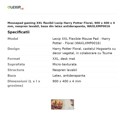 Mousepad gaming XXL flexibil Lexip Harry Potter Floral, 900 x 400 x 4 mm, neopren lavabil, baza din latex antiderapanta, WAXLXMP0016 [2]