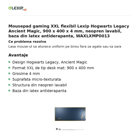Mousepad gaming XXL flexibil Lexip Hogwarts Legacy Ancient Magic, 900 x 400 x 4 mm, neopren lavabil, baza din latex antiderapanta, WAXLXMP0013 [1]