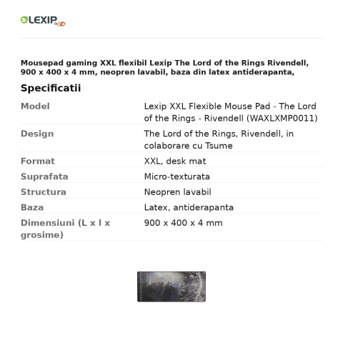 Mousepad gaming XXL flexibil Lexip The Lord of the Rings Rivendell, 900 x 400 x 4 mm, neopren lavabil, baza din latex antiderapanta, WAXLXMP0011 [2]