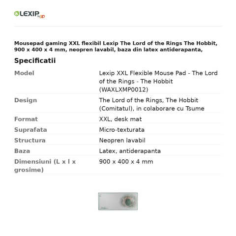 Mousepad gaming XXL flexibil Lexip The Lord of the Rings The Hobbit, 900 x 400 x 4 mm, neopren lavabil, baza din latex antiderapanta, WAXLXMP0012 [2]