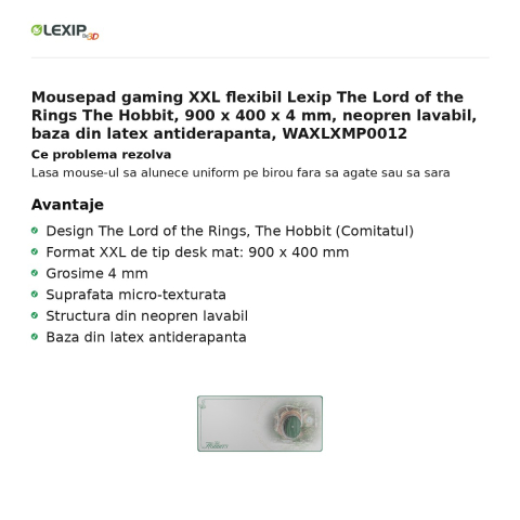 Mousepad gaming XXL flexibil Lexip The Lord of the Rings The Hobbit, 900 x 400 x 4 mm, neopren lavabil, baza din latex antiderapanta, WAXLXMP0012 [1]