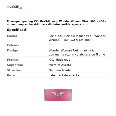 Mousepad gaming XXL flexibil Lexip Wonder Woman Pink, 900 x 400 x 4 mm, neopren lavabil, baza din latex antiderapanta, roz, WAXLXMP0005 [2]