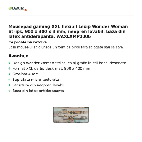 Mousepad gaming XXL flexibil Lexip Wonder Woman Strips, 900 x 400 x 4 mm, neopren lavabil, baza din latex antiderapanta, WAXLXMP0006 [1]