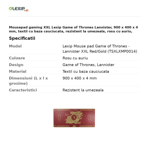 Mousepad gaming XXL Lexip Game of Thrones Lannister, 900 x 400 x 4 mm, textil cu baza cauciucata, rezistent la umezeala, rosu cu auriu, TSXLXMP0014 [2]