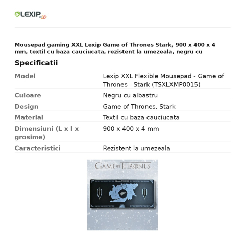 Mousepad gaming XXL Lexip Game of Thrones Stark, 900 x 400 x 4 mm, textil cu baza cauciucata, rezistent la umezeala, negru cu albastru, TSXLXMP0015 [2]