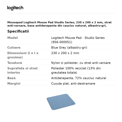 Mousepad Logitech Mouse Pad Studio Series, 230 x 200 x 2 mm, strat anti-varsare, baza antiderapanta din cauciuc natural, albastru-gri, 956-000051 [2]